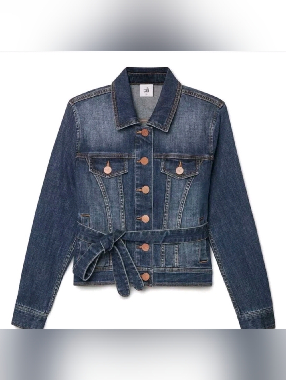 CABI #5662 Classic Denim Jacket Dark Blue Gold Buttons Optional Tie Belt MEDIUM
